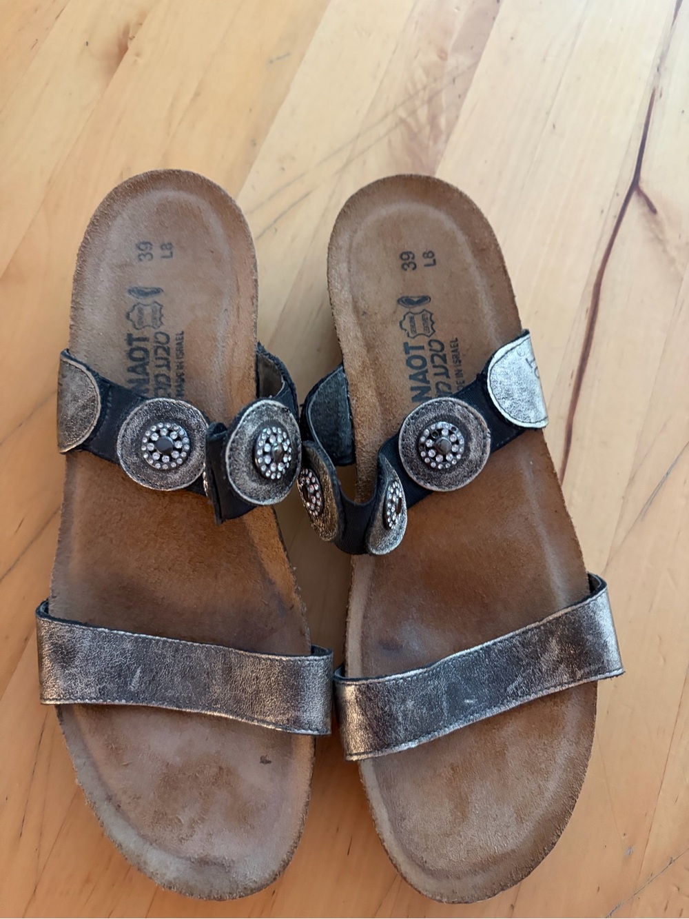 Naot Metallic Pewter Slide Sandals with Decorative Medallions